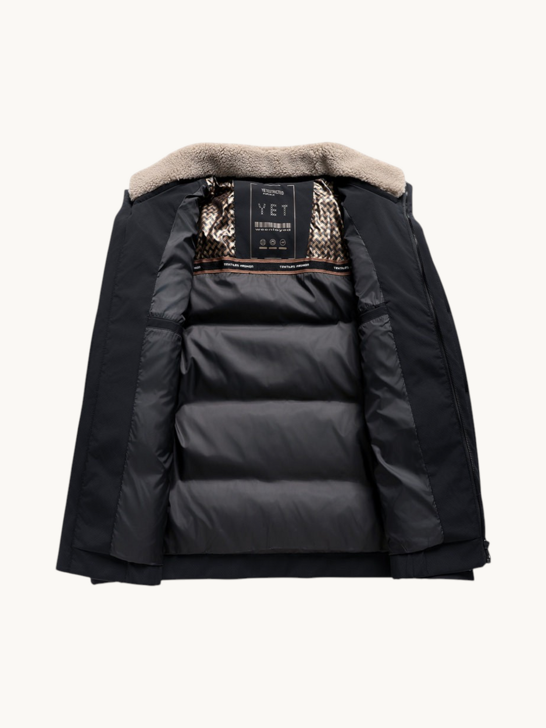By Old Money black winter puffer jacket with a beige faux fur lapel collar and quilted interior lining