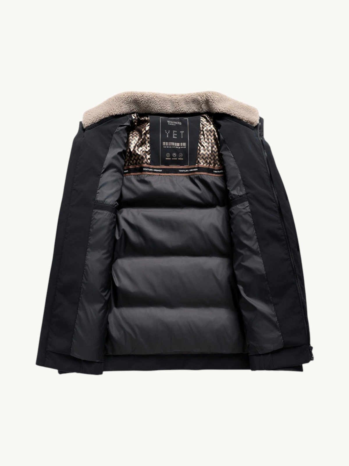 By Old Money black winter puffer jacket with a beige faux fur lapel collar and quilted interior lining