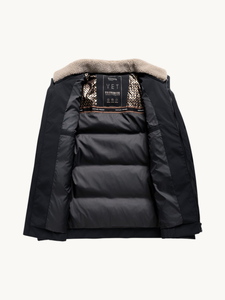 By Old Money black winter puffer jacket with a beige faux fur lapel collar and quilted interior lining