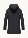 By Old Money black hooded parka with a removable wool lining, shown from the back, mid-thigh length.
