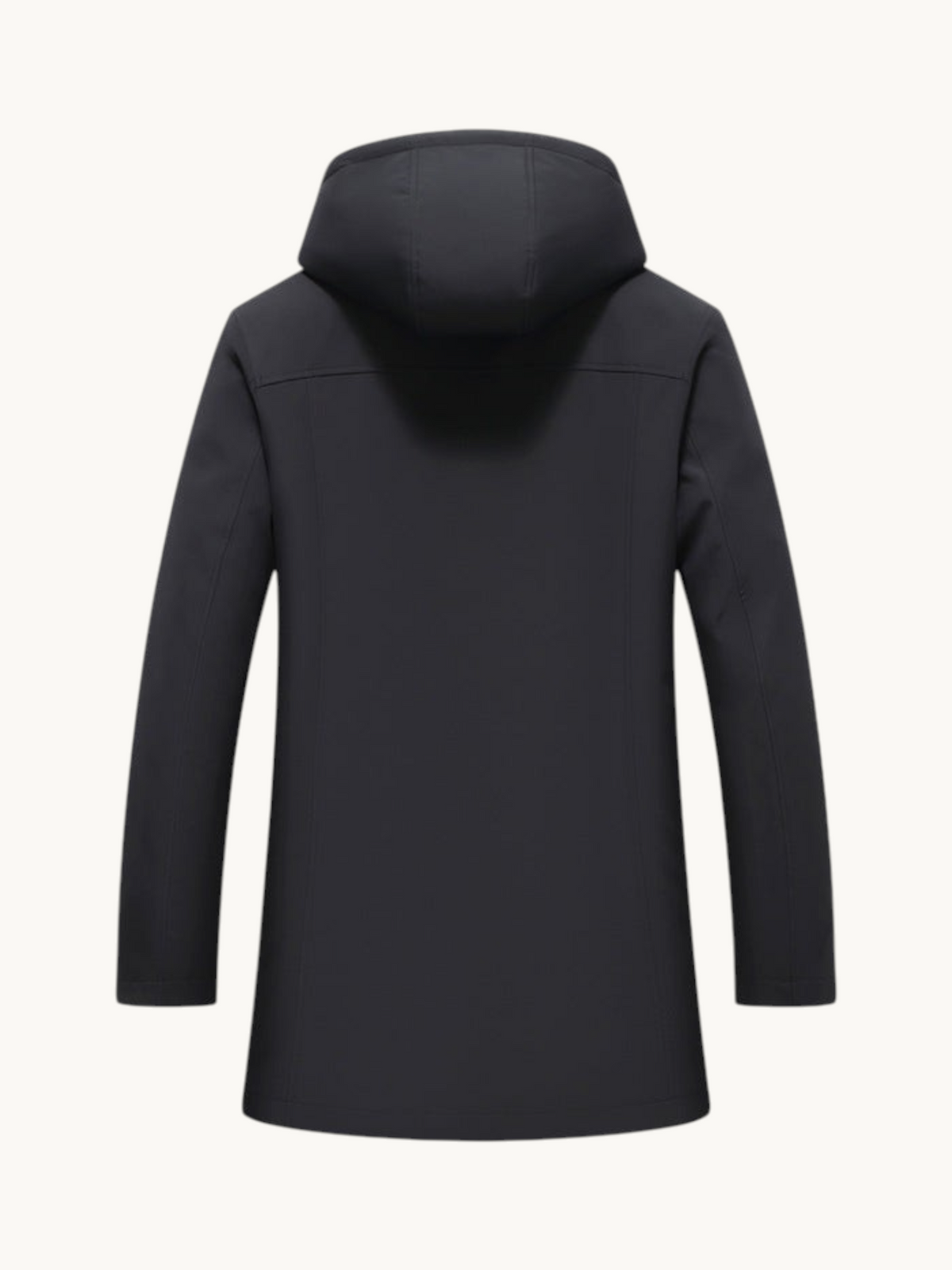 By Old Money black hooded parka with a removable wool lining, shown from the back, mid-thigh length.