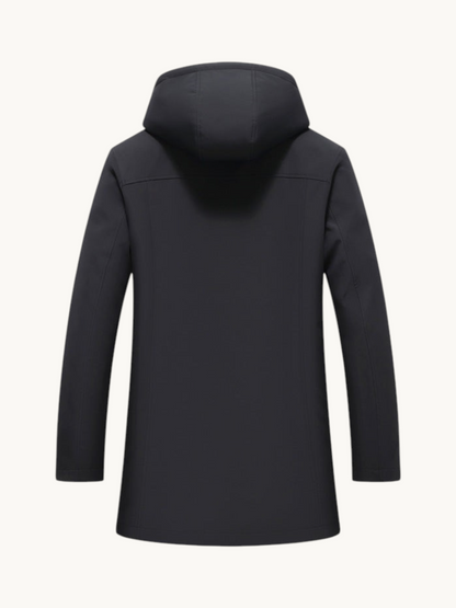 By Old Money black hooded parka with a removable wool lining, shown from the back, mid-thigh length.