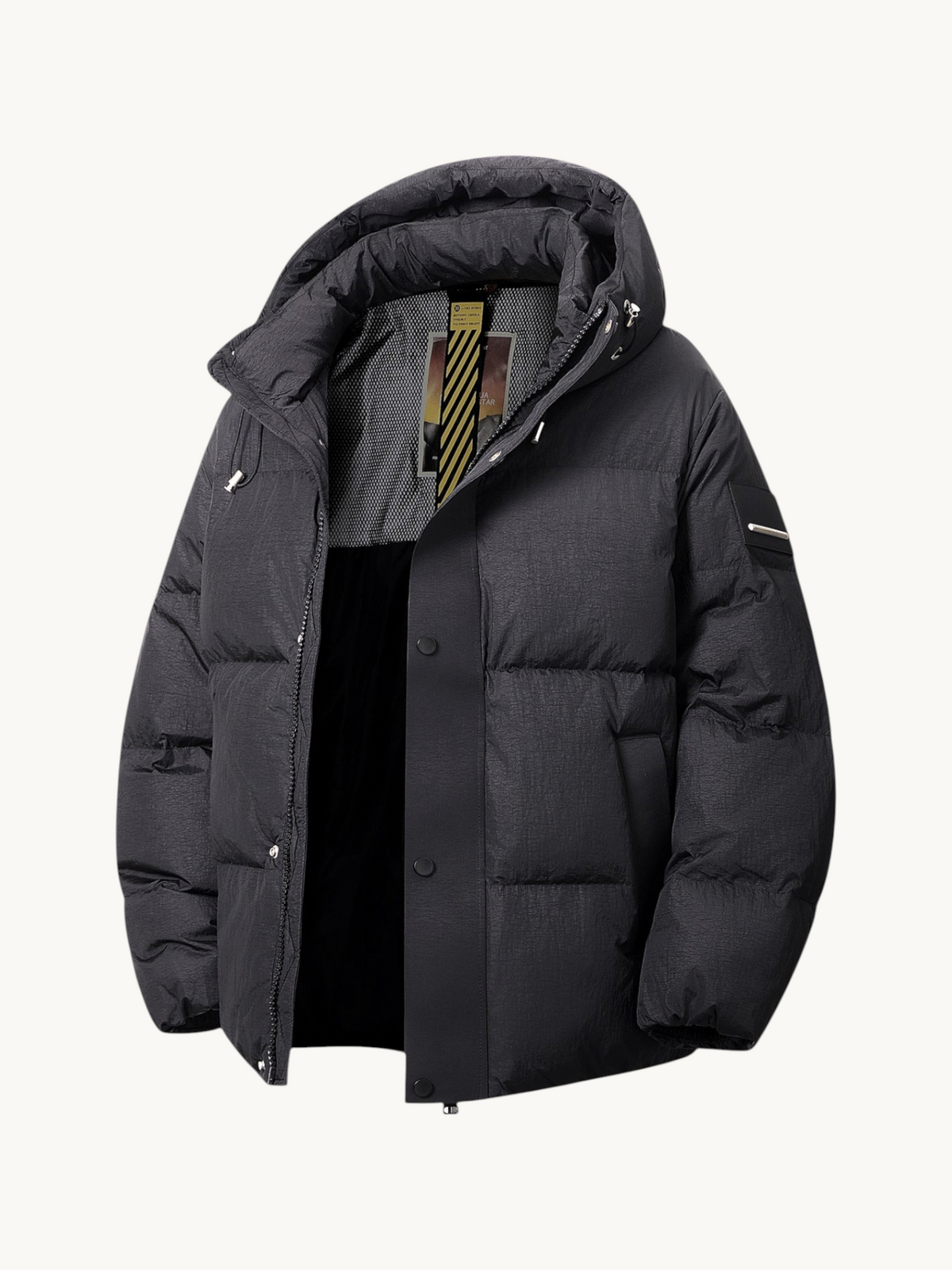 By Old Money black hooded puffer jacket with thick insulation, full-length zipper, and side pockets for winter wear.