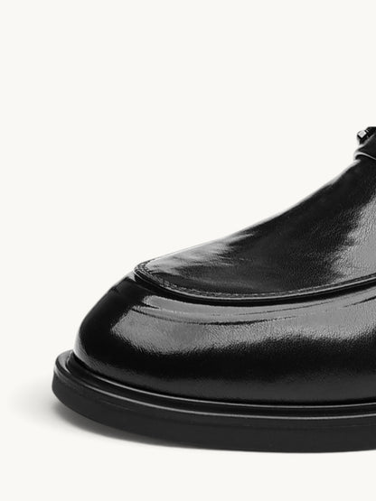 By Old Money black recycled leather dress shoe with a smooth finish, rounded toe, and low profile sole.