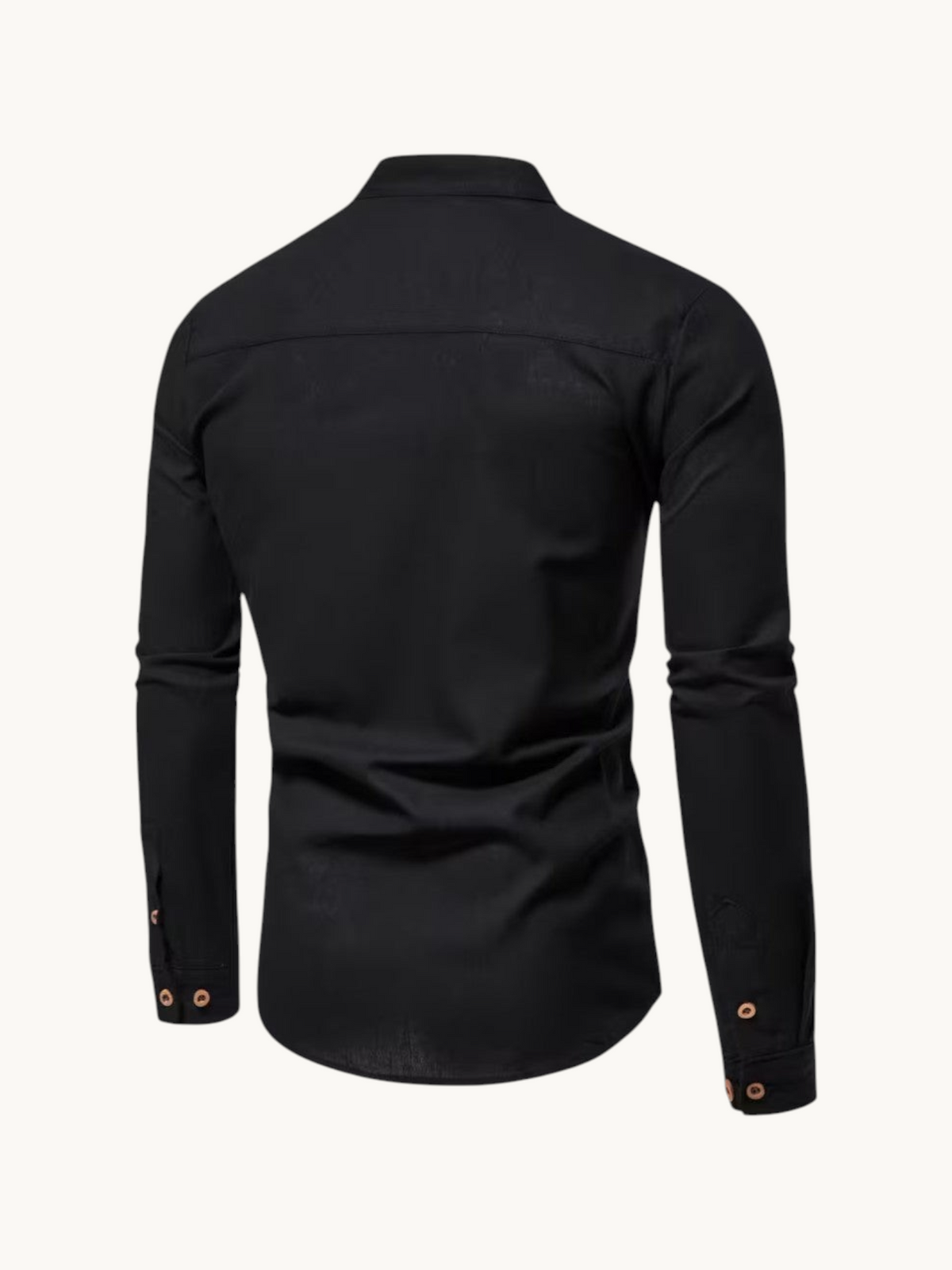 Back view of a By Old Money black long-sleeve cotton shirt with a mandarin collar and buttoned cuffs.