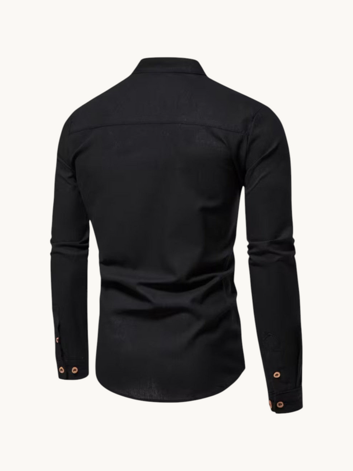 Back view of a By Old Money black long-sleeve cotton shirt with a mandarin collar and buttoned cuffs.