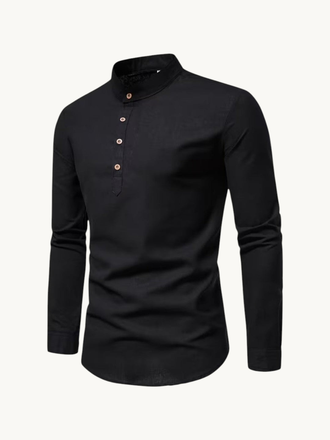 By Old Money black long-sleeve shirt with a mandarin collar and a four-button placket in soft cotton fabric.