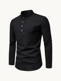 By Old Money black long-sleeve shirt with a mandarin collar and a four-button placket in soft cotton fabric.