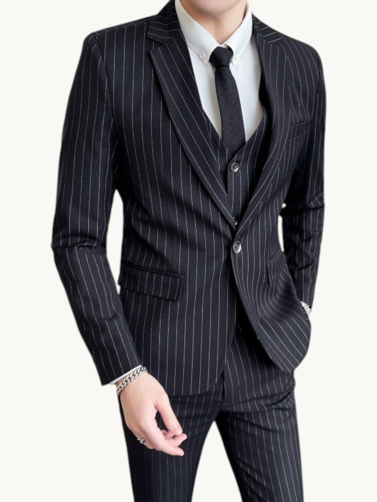 By Old Money slim fit black pinstripe suit with a single-button jacket and matching waistcoat