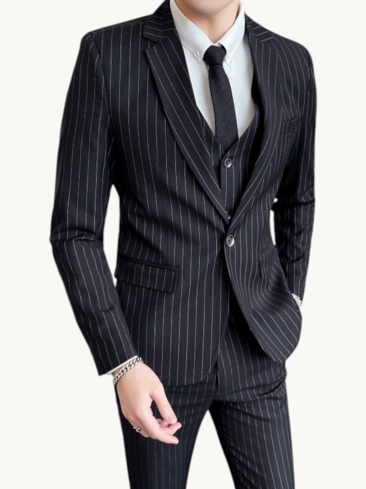 By Old Money slim fit black pinstripe suit with a single-button jacket and matching waistcoat