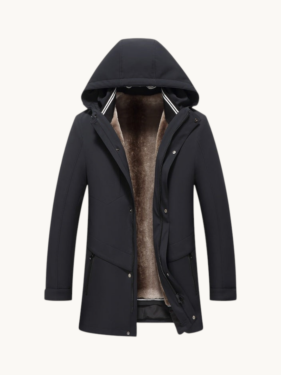 By Old Money black hooded parka with a removable brown shearling lining, featuring a zip and button closure.