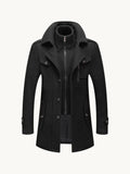 By Old Money black wool winter coat featuring a double collar design, zip closure, and structured shoulders.