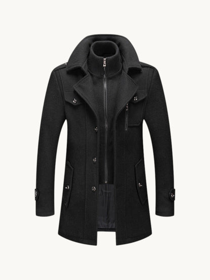 By Old Money black wool winter coat featuring a double collar design, zip closure, and structured shoulders.