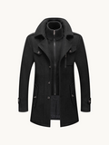By Old Money black wool winter coat featuring a double collar design, zip closure, and structured shoulders.