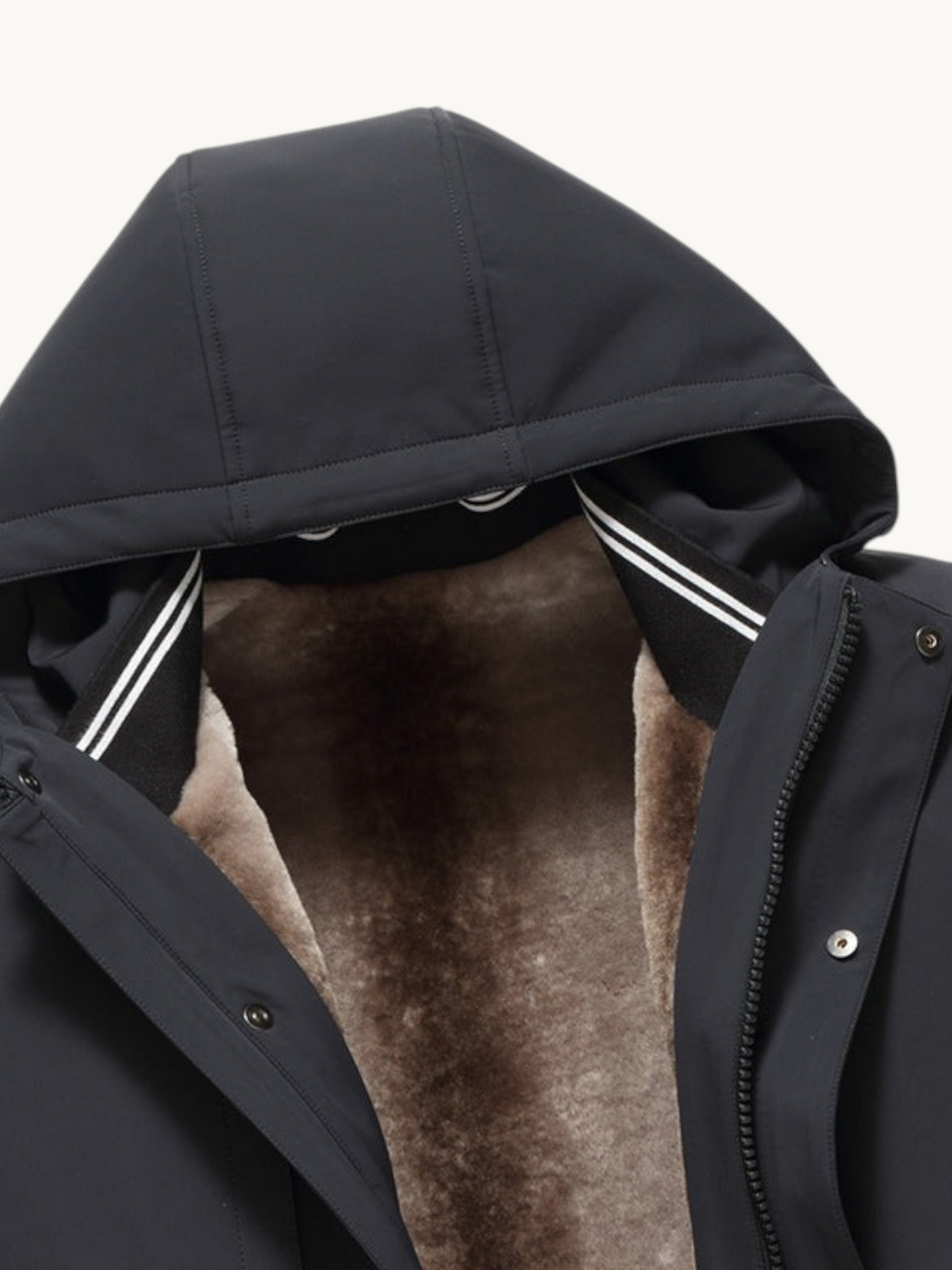 By Old Money black hooded parka with a removable brown wool lining and striped collar detail