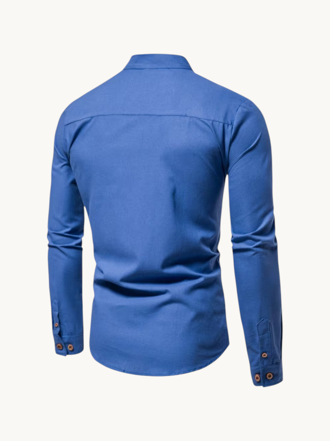 Back view of a By Old Money blue cotton long-sleeve shirt with a mandarin collar and buttoned cuffs.