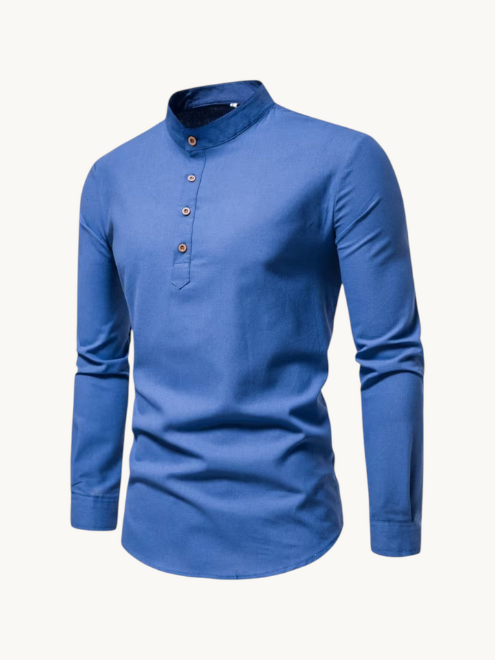 By Old Money blue long-sleeve cotton shirt with a mandarin collar and a four-button placket