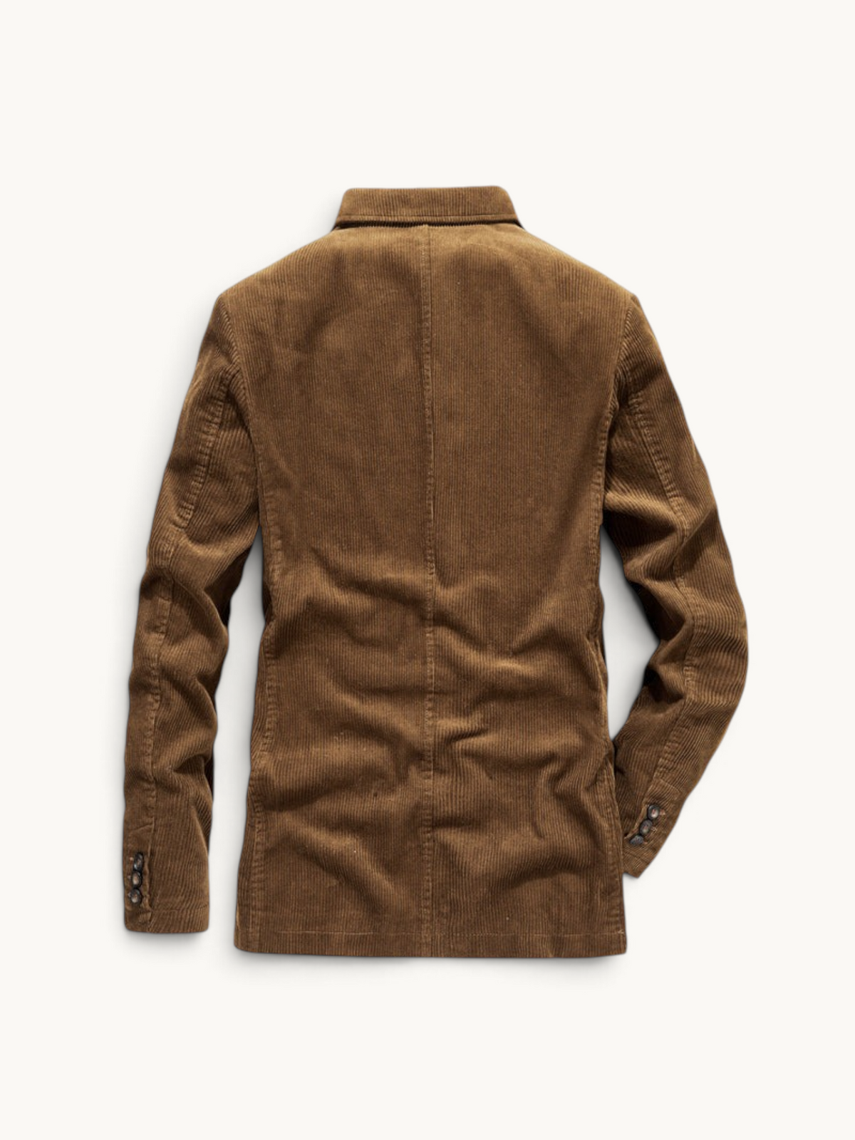 By Old Money brown corduroy blazer with a notched collar and relaxed fit, shown from the back view.