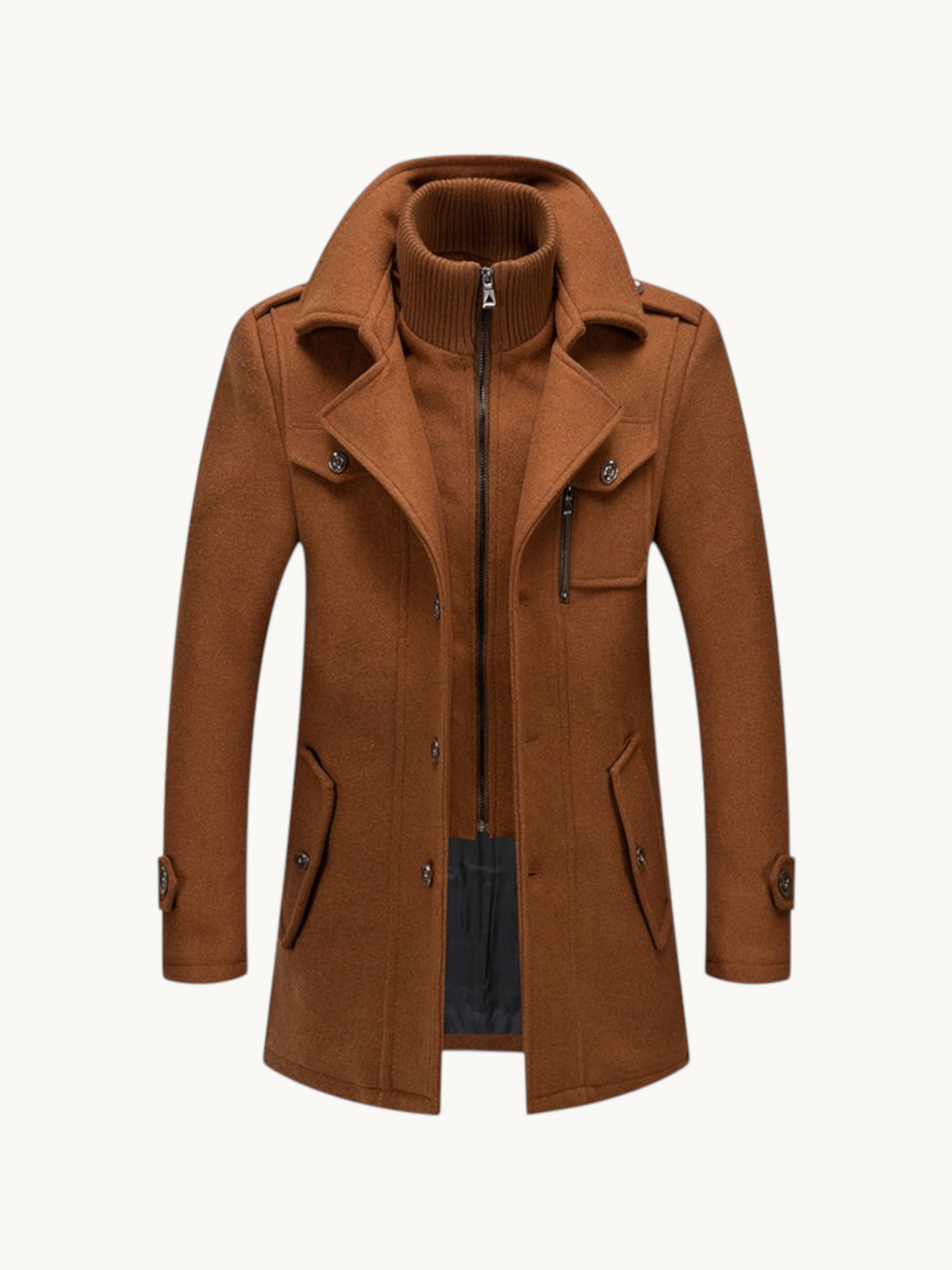 By Old Money brown wool winter coat with double collar, zip-up inner layer, and structured shoulders.