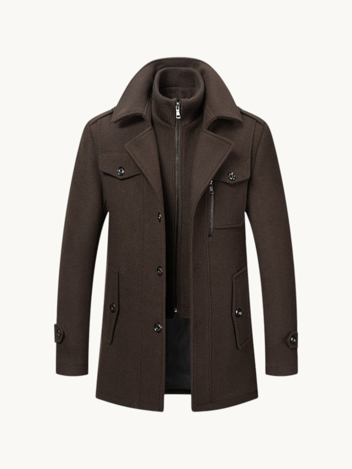 By Old Money brown wool winter coat with double collar, zip-up inner layer, and structured shoulders.