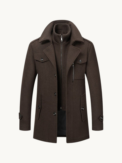 By Old Money brown wool winter coat with double collar, zip-up inner layer, and structured shoulders.