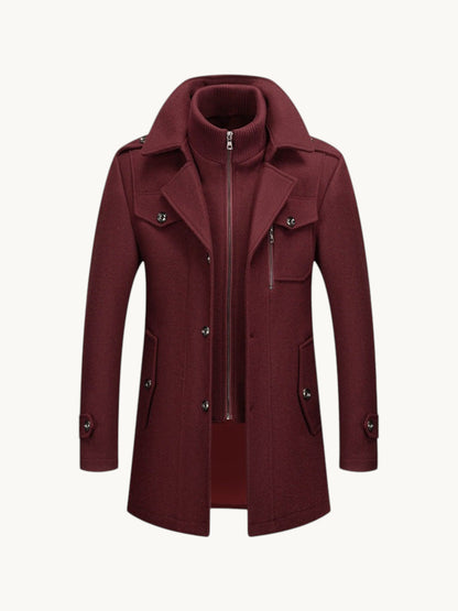 By Old Money burgundy wool winter coat with double collar, zip-up inner layer, and structured shoulders.