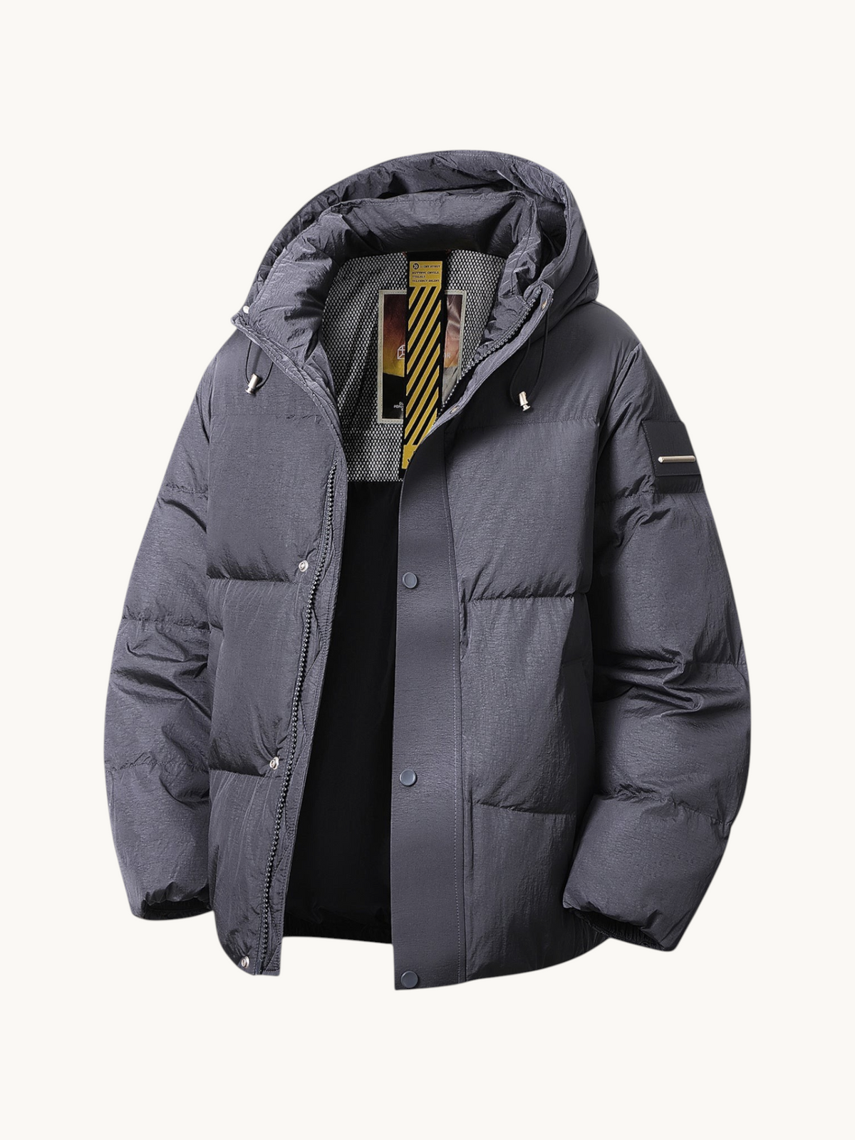 By Old Money charcoal grey hooded puffer jacket with thick insulation, full-length zipper, and side pockets.