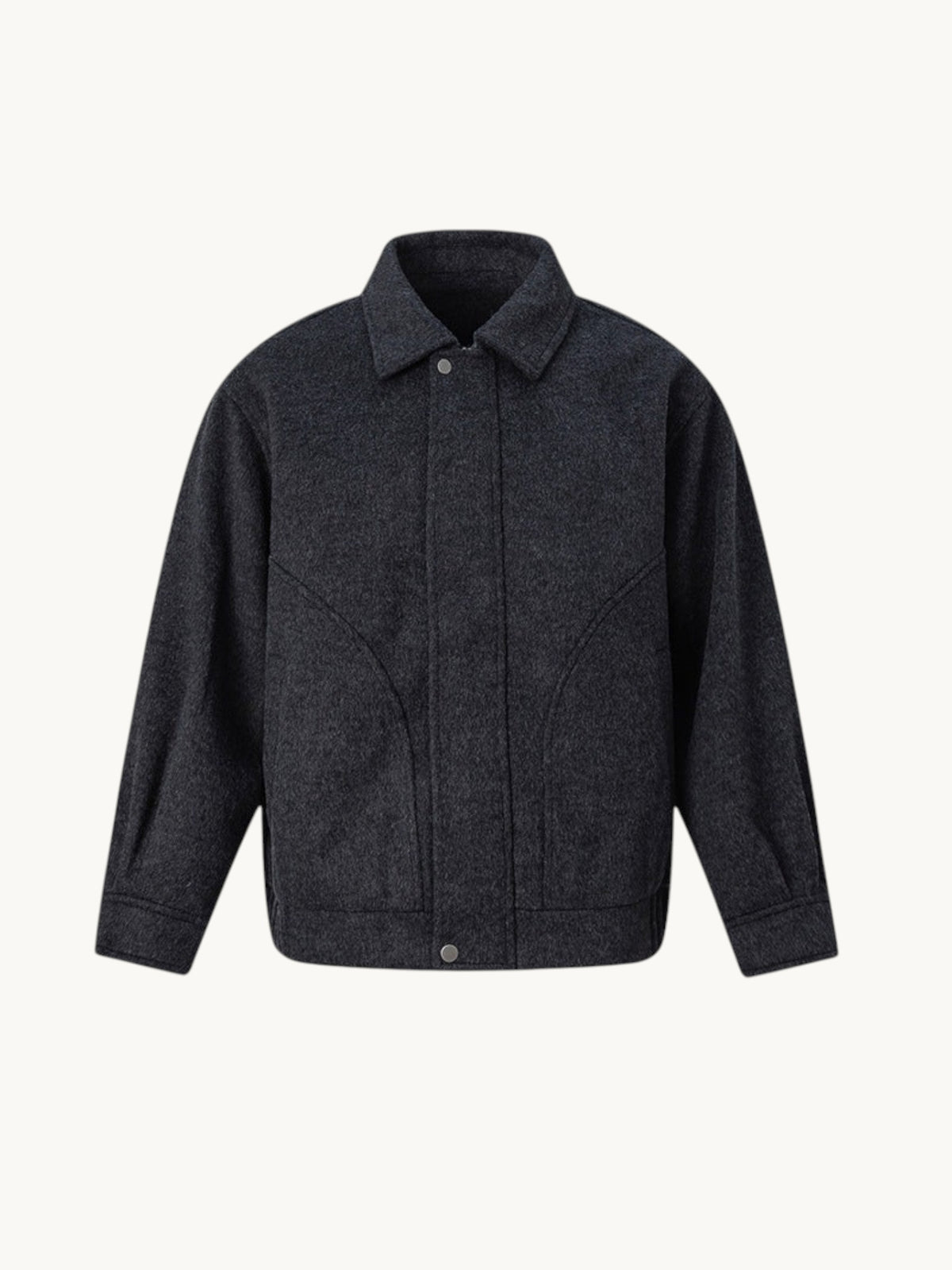 By Old Money charcoal grey double-faced wool boxy jacket with a classic collar and front button closure.