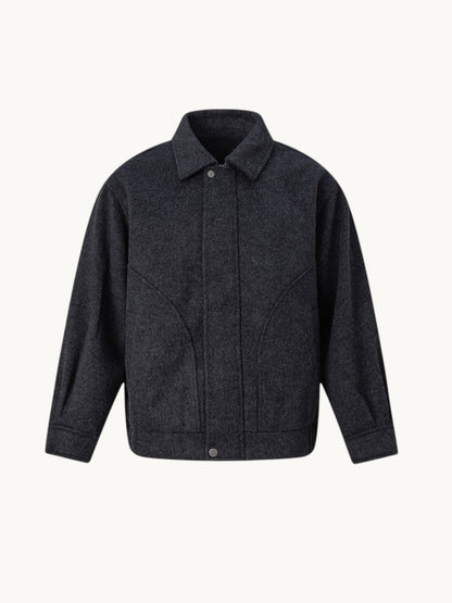 By Old Money charcoal grey double-faced wool boxy jacket with a classic collar and front button closure.