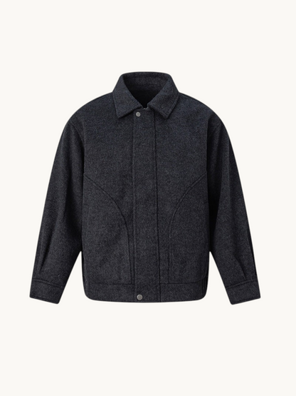 By Old Money charcoal grey double-faced wool boxy jacket with a classic collar and front button closure.
