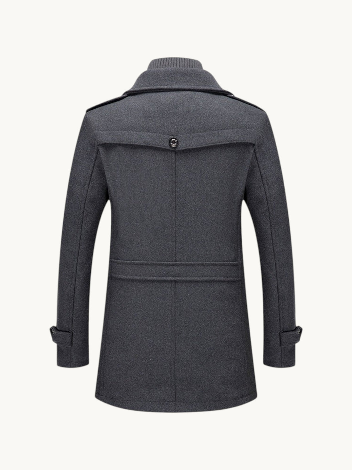 Back view of a By Old Money charcoal grey wool winter coat with a double collar and structured shoulders.