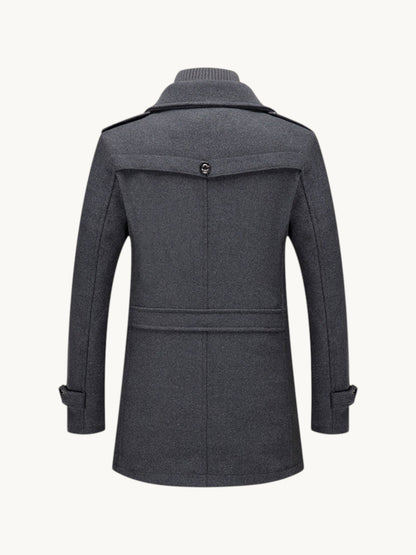 Back view of a By Old Money charcoal grey wool winter coat with a double collar and structured shoulders.