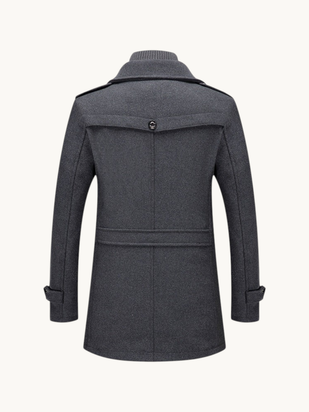 Back view of a By Old Money charcoal grey wool winter coat with a double collar and structured shoulders.