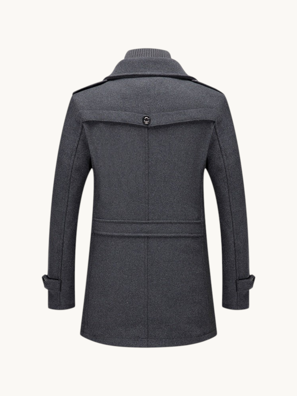 Back view of a By Old Money charcoal grey wool winter coat with a double collar and structured shoulders.