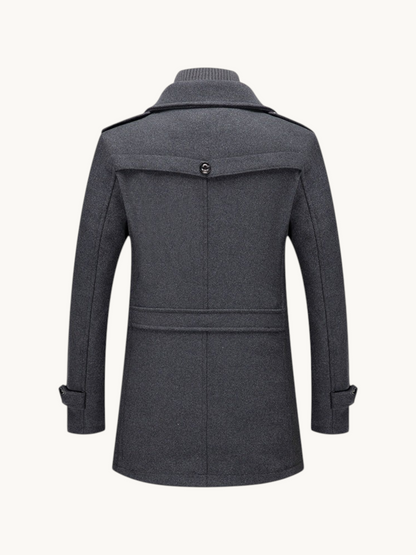 Back view of a By Old Money charcoal grey wool winter coat with a double collar and structured shoulders.