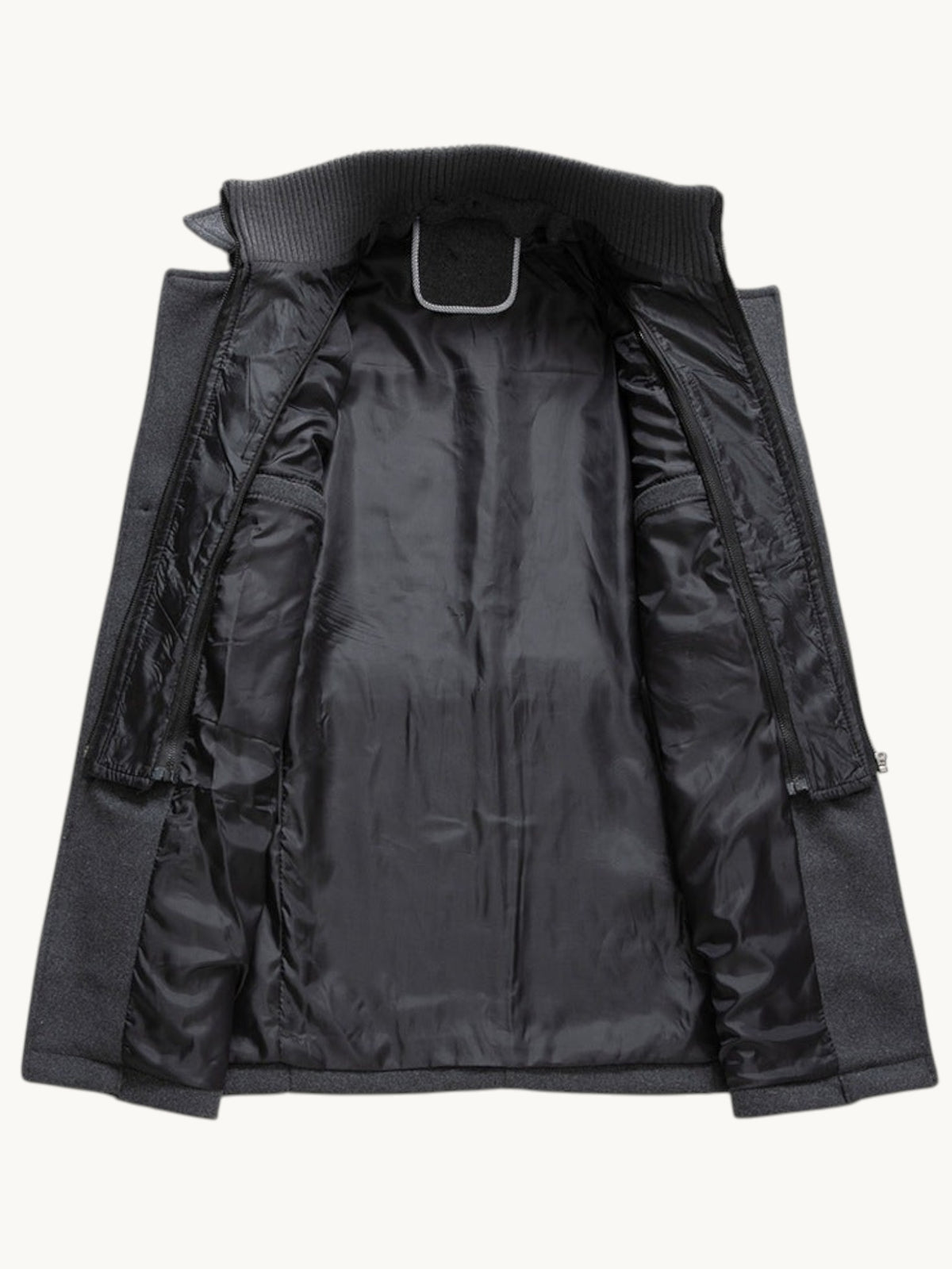 By Old Money charcoal grey wool winter coat with double collar, zip closure, and smooth black interior lining.