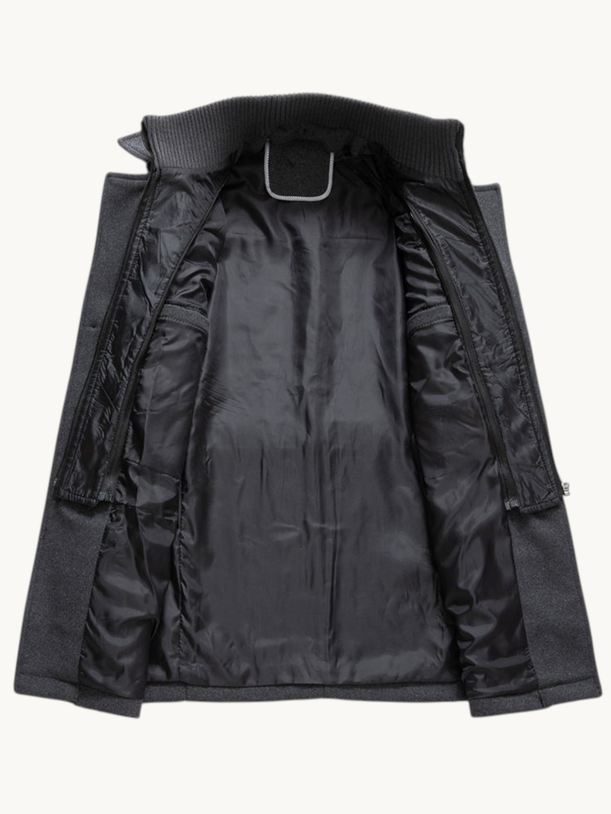By Old Money charcoal grey wool winter coat with double collar, zip closure, and smooth black interior lining.