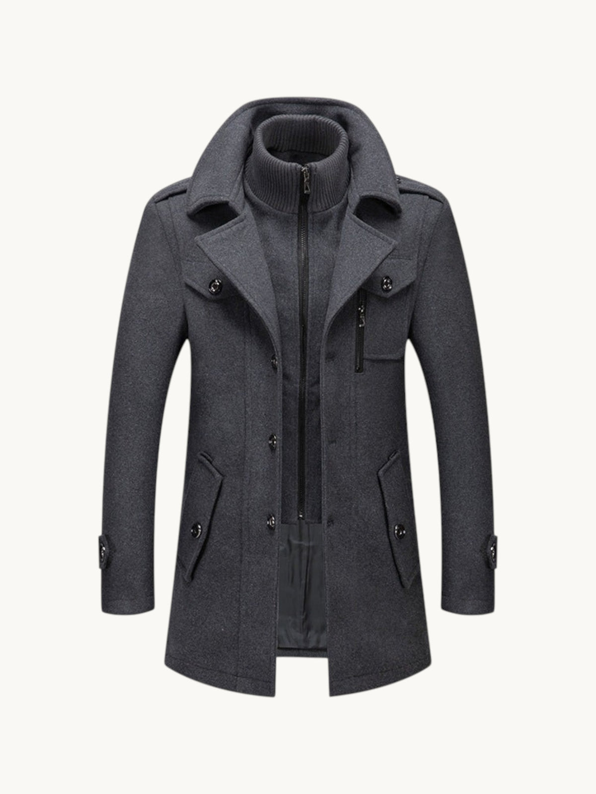 By Old Money charcoal grey wool coat with double collar, zip-up inner layer, and structured shoulders for winter.