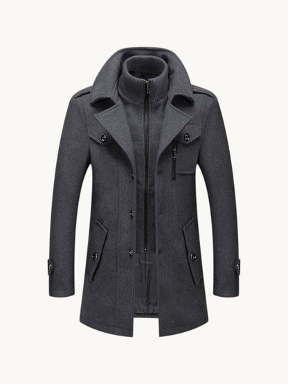 By Old Money charcoal grey wool coat with double collar, zip-up inner layer, and structured shoulders for winter.