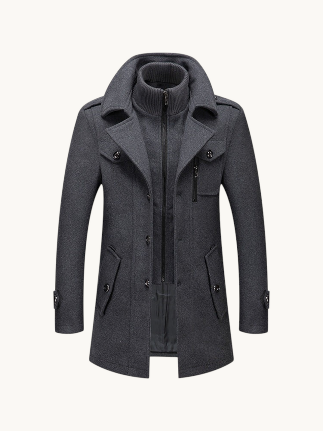 By Old Money charcoal grey wool coat with double collar, zip-up inner layer, and structured shoulders for winter.
