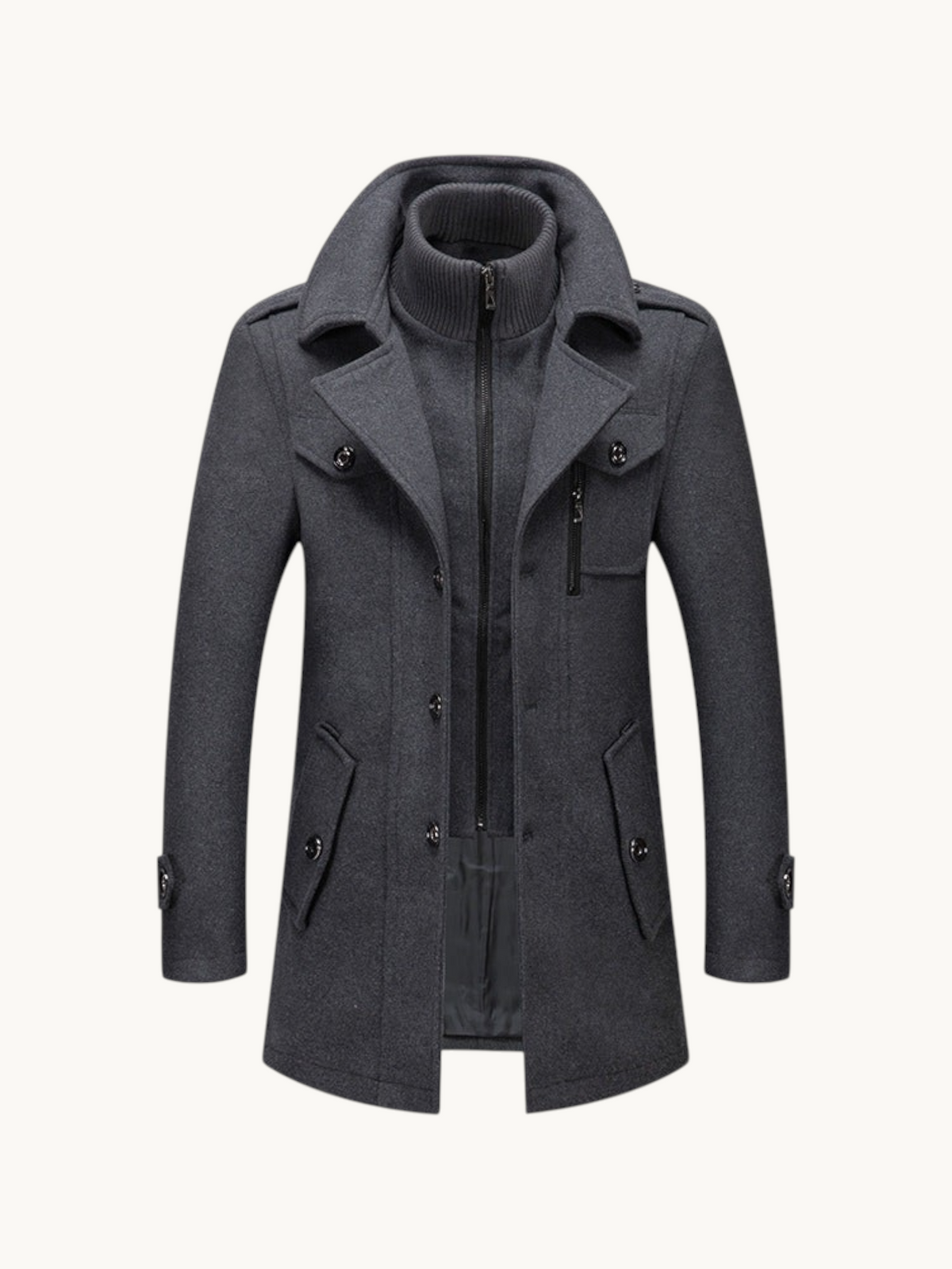 By Old Money charcoal grey wool coat with double collar, zip-up inner layer, and structured shoulders for winter.