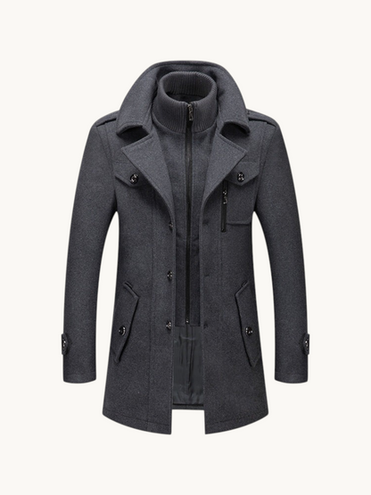 By Old Money charcoal grey wool coat with double collar, zip-up inner layer, and structured shoulders for winter.