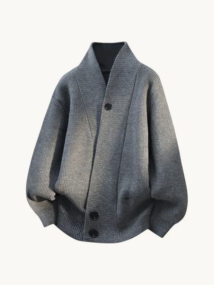 By Old Money grey chunky knit buttoned cardigan with a shawl collar and relaxed fit
