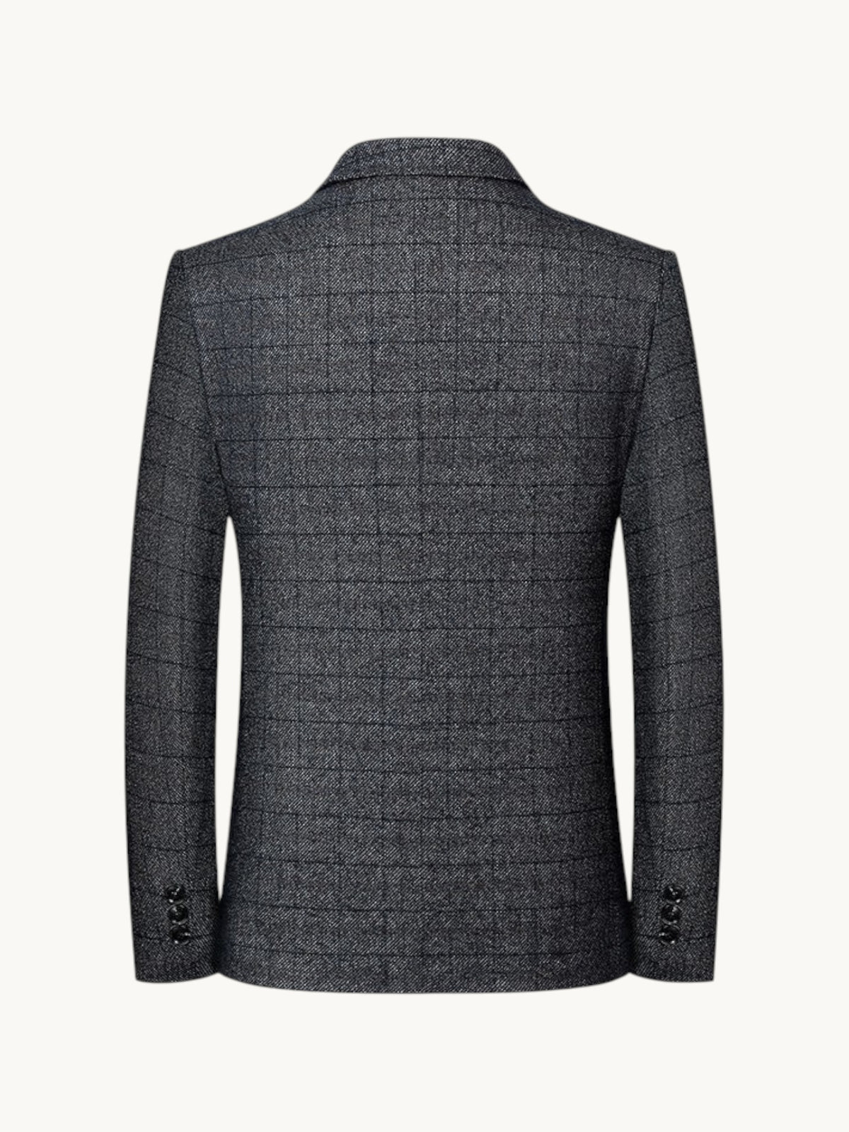 Back view of a By Old Money grey windowpane check wrinkle-resistant blazer with soft shoulders