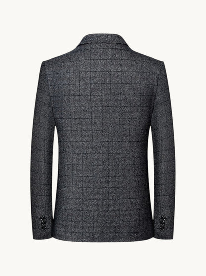 Back view of a By Old Money grey windowpane check wrinkle-resistant blazer with soft shoulders