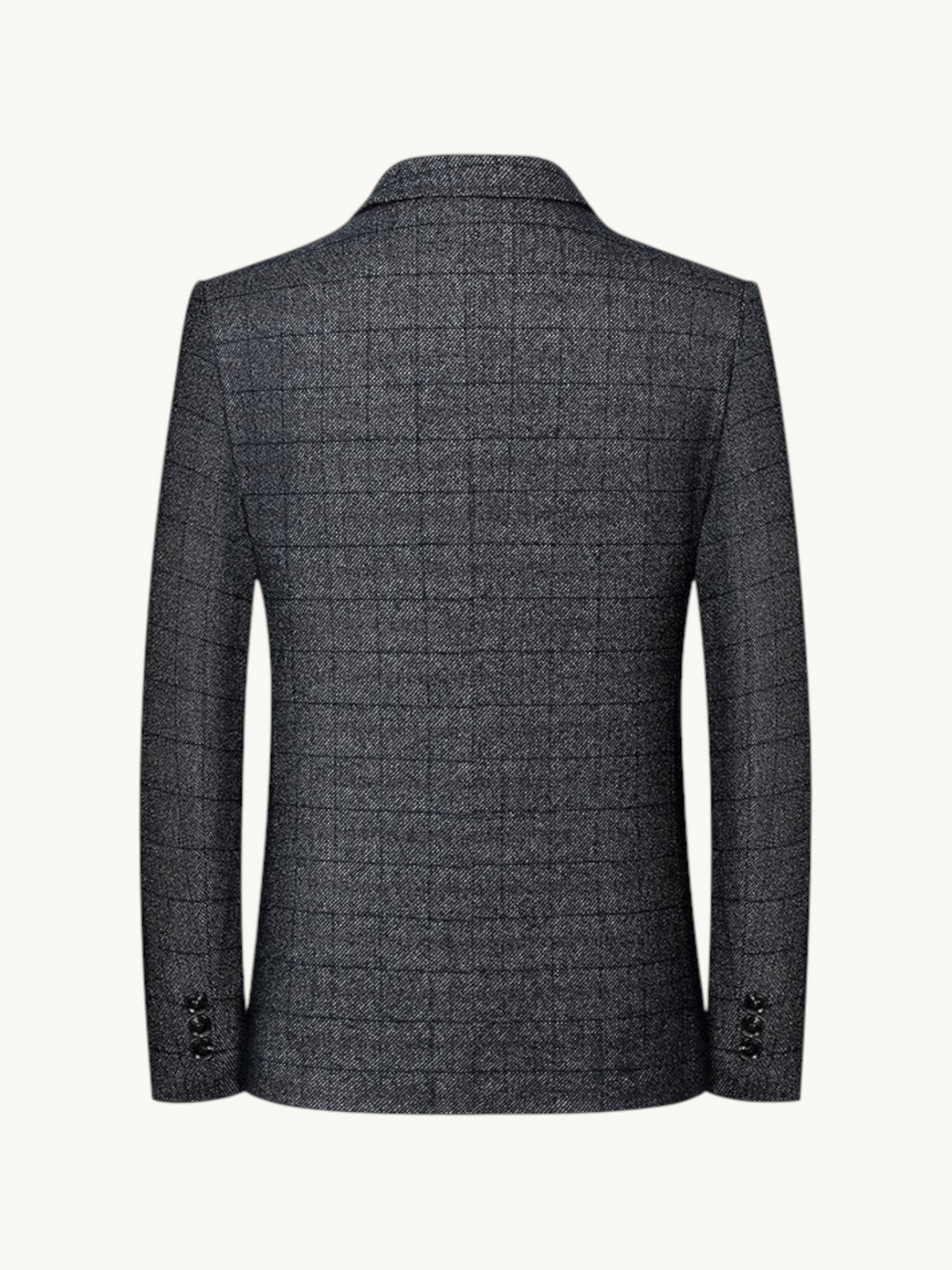 Back view of a By Old Money grey windowpane check wrinkle-resistant blazer with soft shoulders