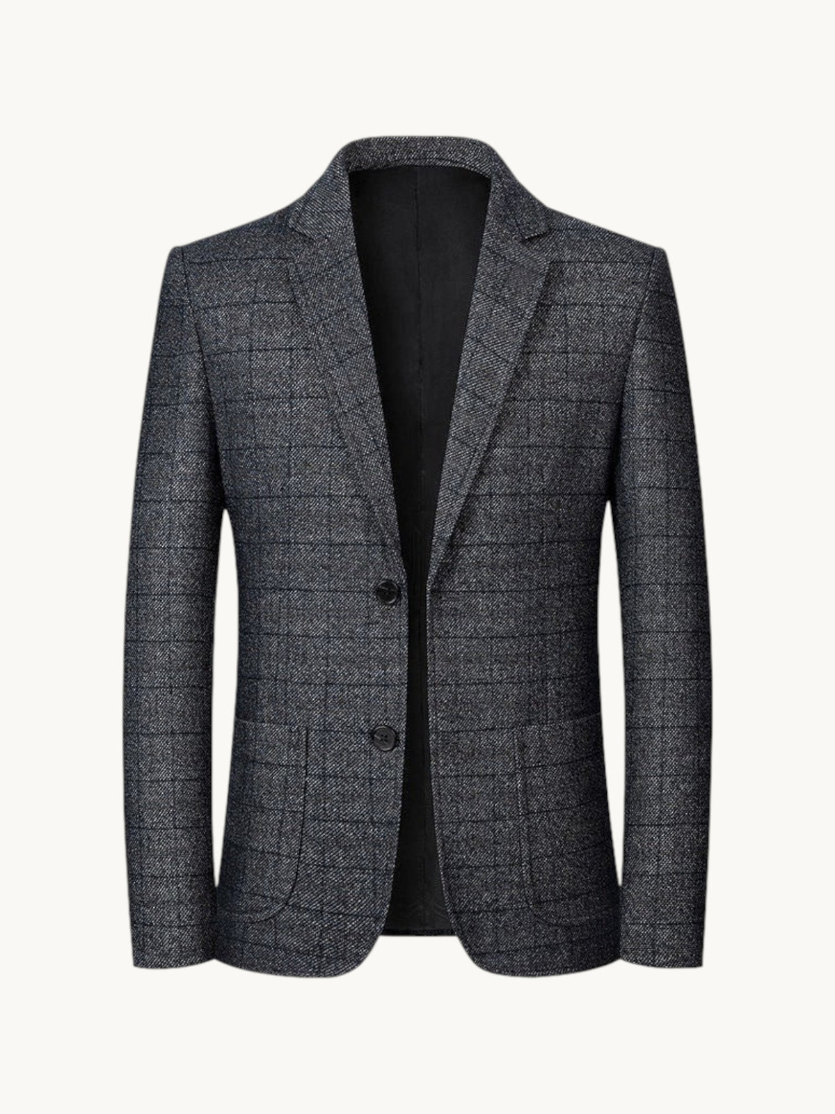 By Old Money grey windowpane check blazer with notched lapels and two-button closure in wrinkle-resistant fabric.
