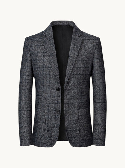 By Old Money grey windowpane check blazer with notched lapels and two-button closure in wrinkle-resistant fabric.