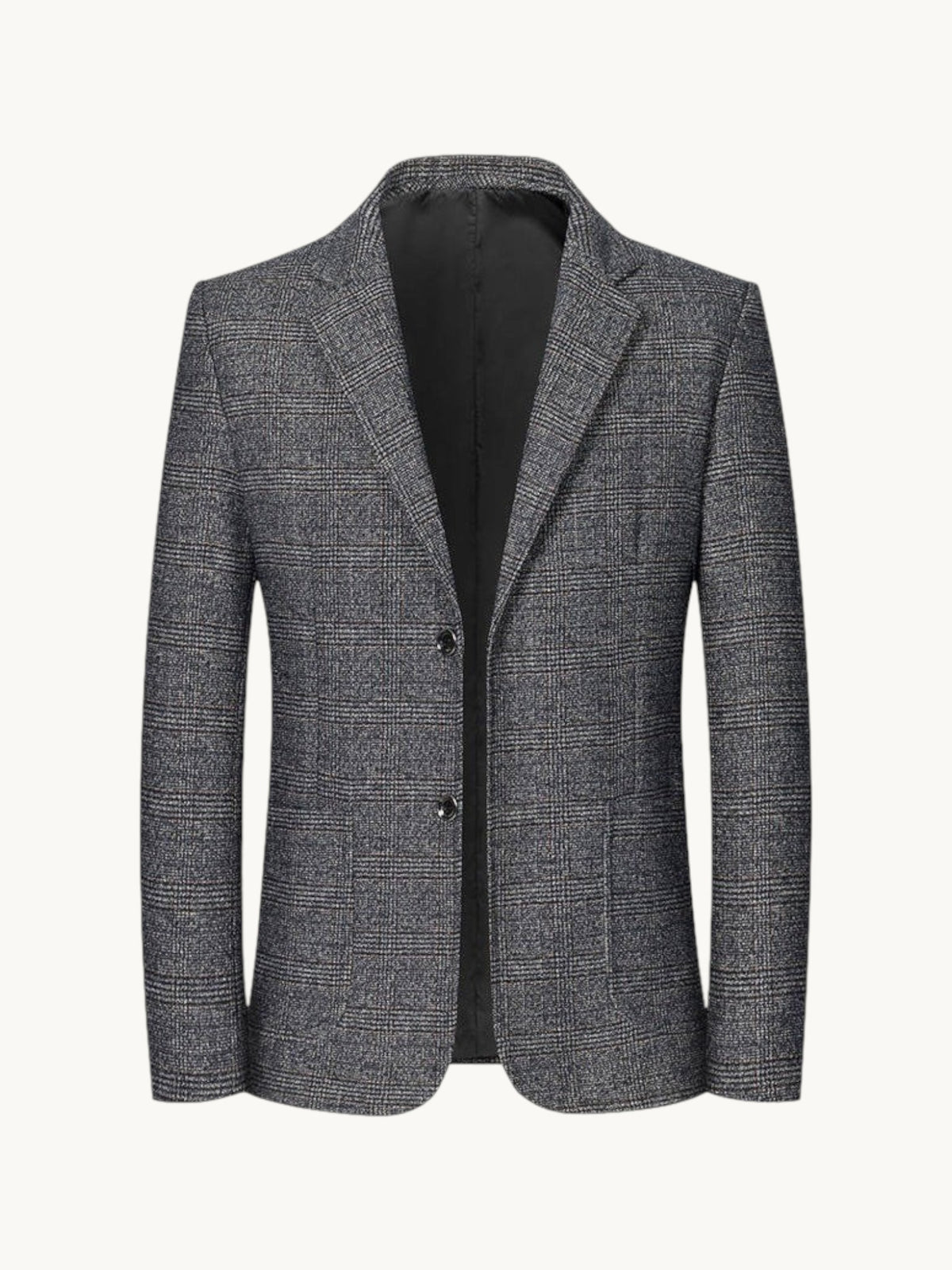 By Old Money grey windowpane check blazer with notched lapels and two-button closure in wrinkle-resistant fabric