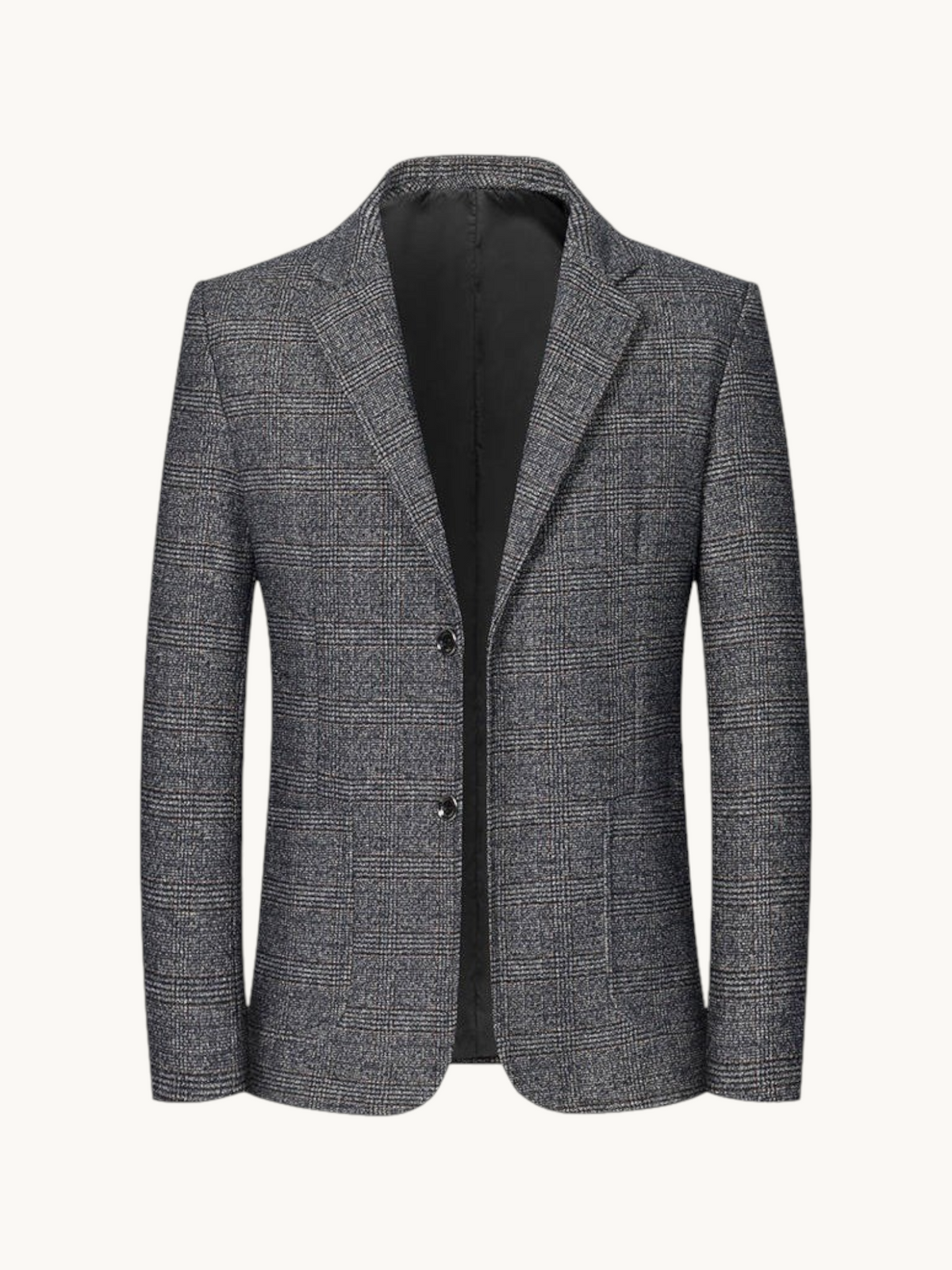 By Old Money grey windowpane check blazer with notched lapels and two-button closure in wrinkle-resistant fabric